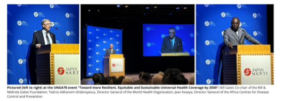 Pictured (left to right) at the UNGA78 event “Toward more Resilient, Equitable and Sustainable Universal Health Coverage by 2030": Bill Gates Co-chair of the Bill & Melinda Gates Foundation; Tedros Adhanom Ghebreyesus, Director General of the World Health Organization; Jean Kaseya, Director General of the Africa Centres for Disease Control and Prevention.
